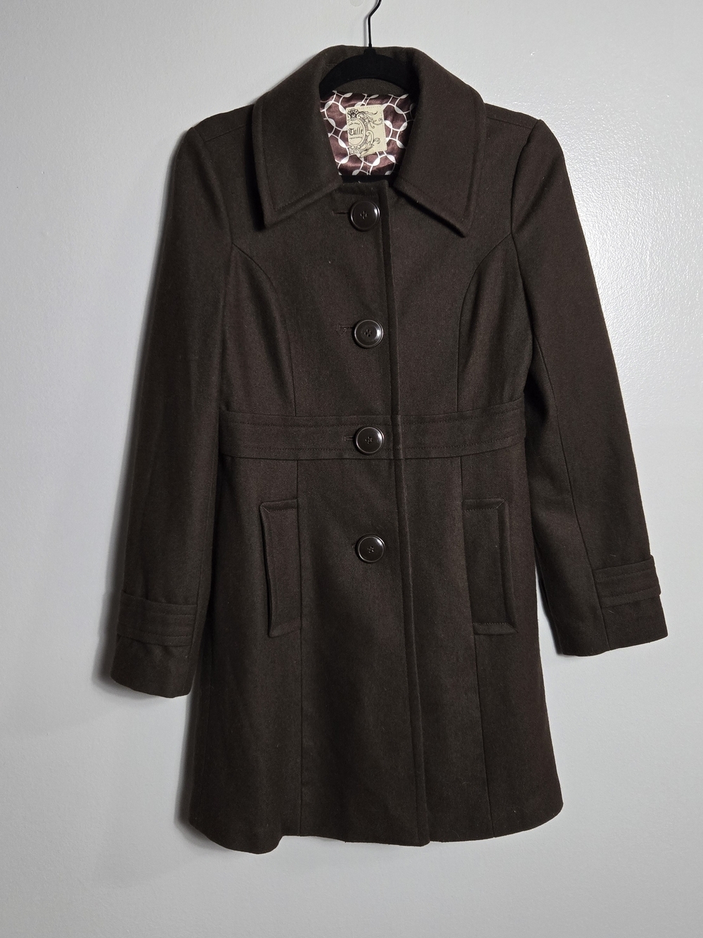 Tulle Dark Brown Wool Blend Button Front Peacoat Trench Coat Jacket Size Small